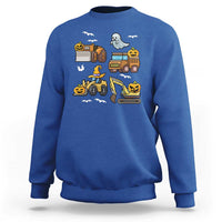 Royal blue Halloween sweatshirt with pixel ghost and construction truck graphic.