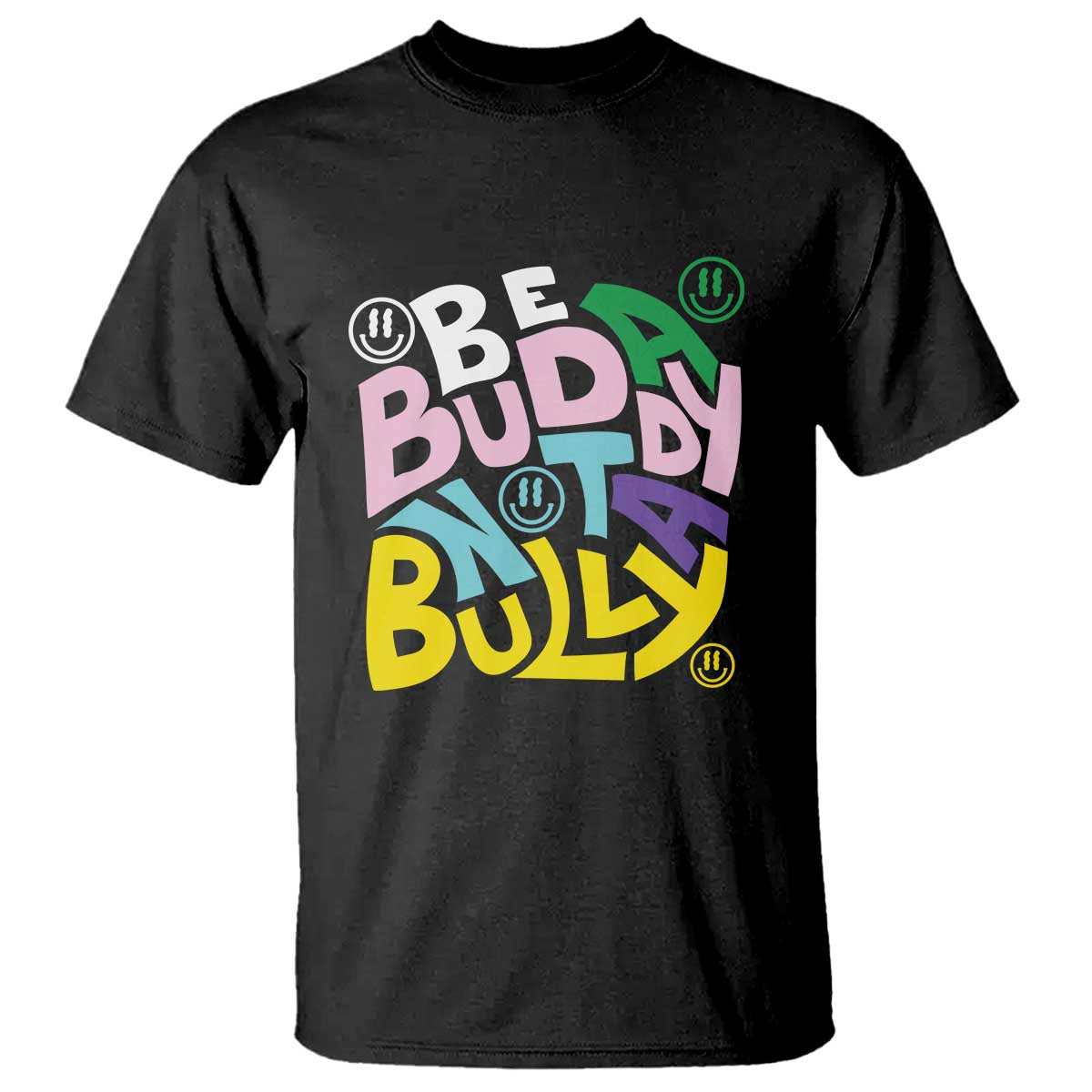 Black crewneck T-shirt with multicolor “Be Buddy” anti-bullying graphic