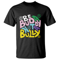 Black crewneck T-shirt with multicolor “Be Buddy” anti-bullying graphic