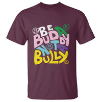 Maroon crewneck T-shirt with multicolor “Be Buddy” anti-bullying graphic
