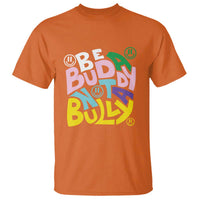 Orange crewneck T-shirt with multicolor “Be Buddy” anti-bullying graphic