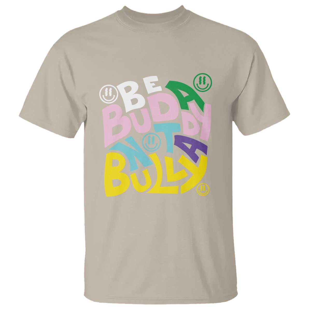 Sand crewneck T-shirt with multicolor “Be Buddy” anti-bullying graphic