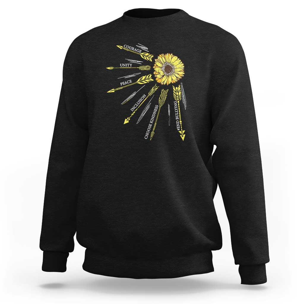 Dark charcoal anti-bullying awareness sweatshirt, back sunflower “Courage Unity Peace” graphic.