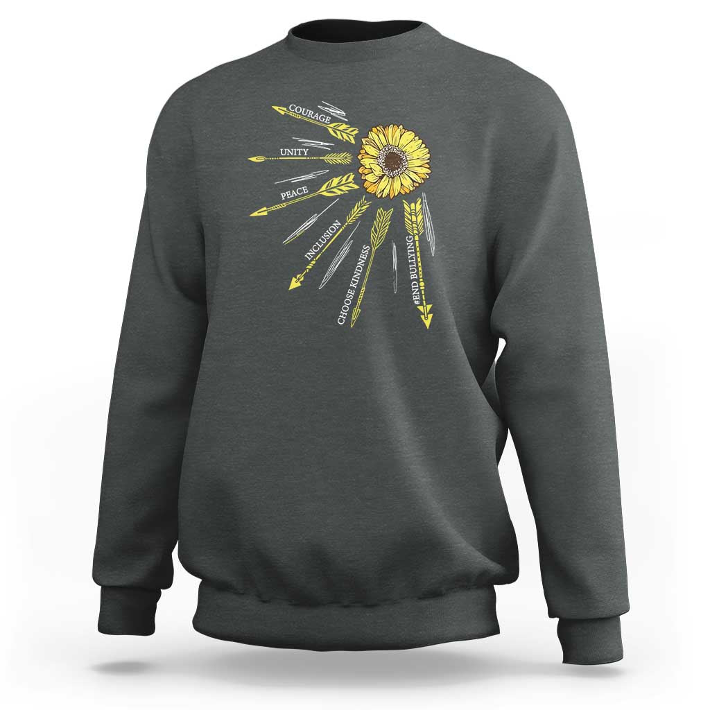 Gray anti-bullying awareness sweatshirt, back sunflower “Courage Unity Peace” graphic.