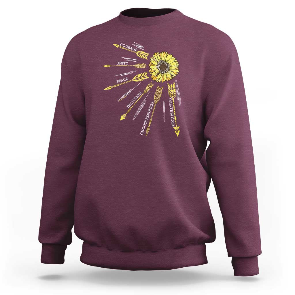 Maroon anti-bullying awareness sweatshirt, back sunflower “Courage Unity Peace” graphic.