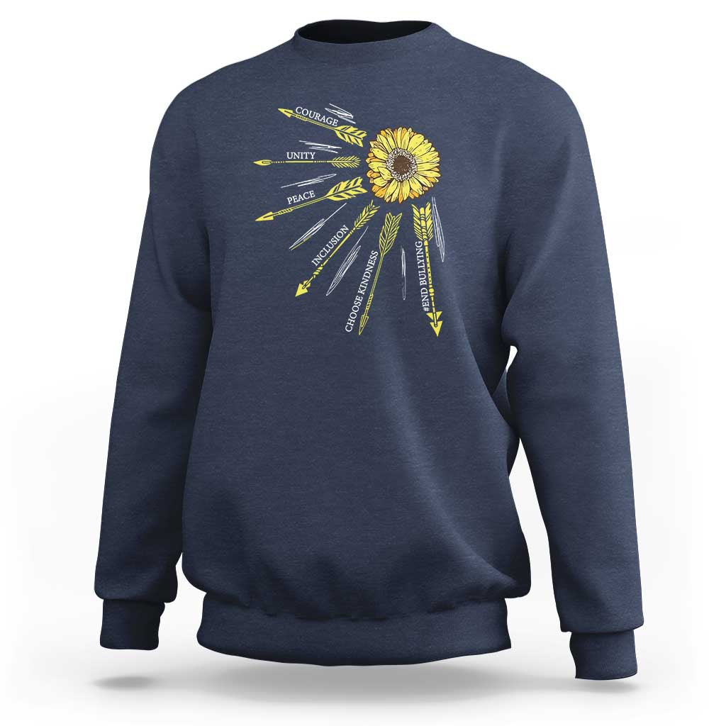 Navy anti-bullying awareness sweatshirt, back sunflower “Courage Unity Peace” graphic.