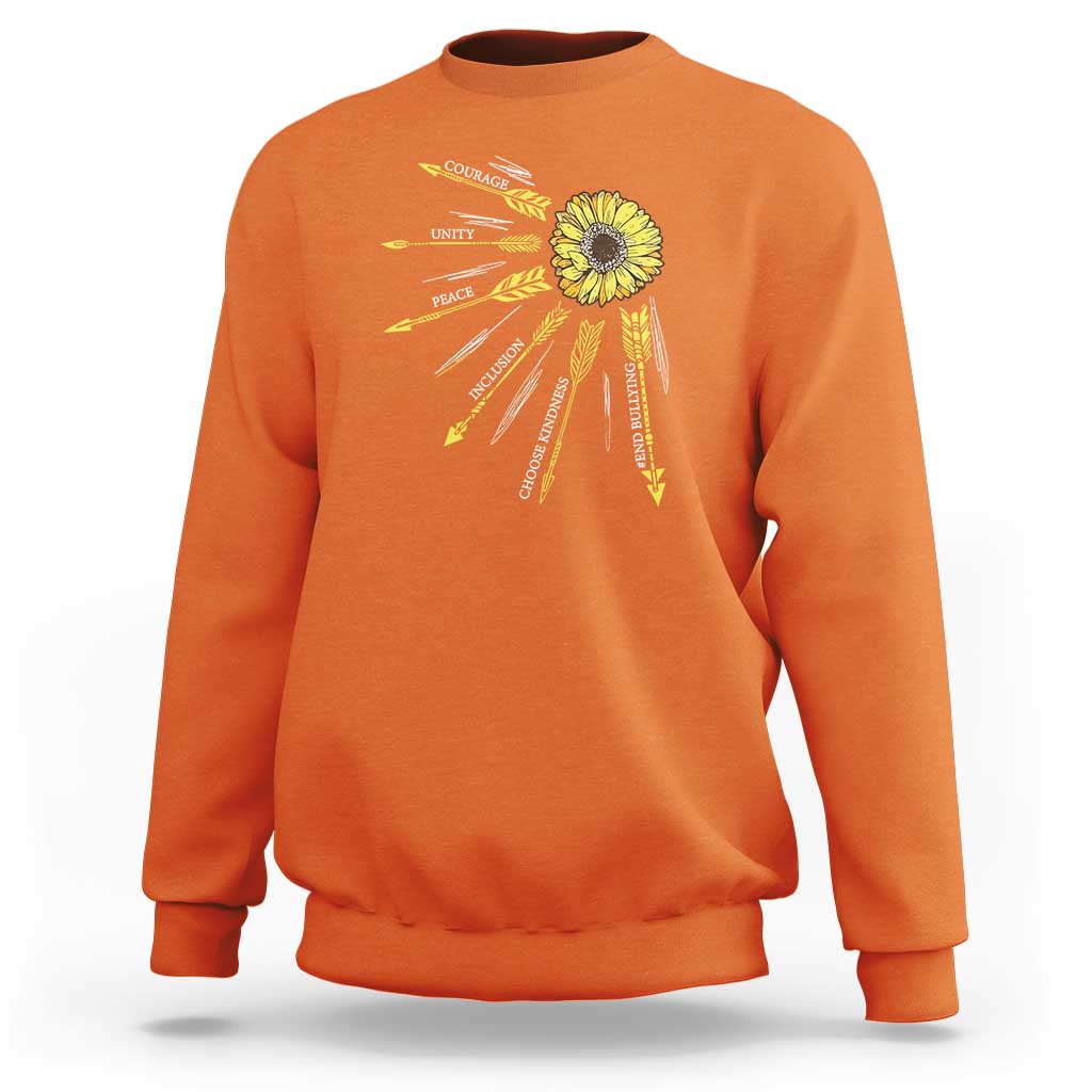 Orange anti-bullying awareness sweatshirt, back sunflower “Courage Unity Peace” graphic.