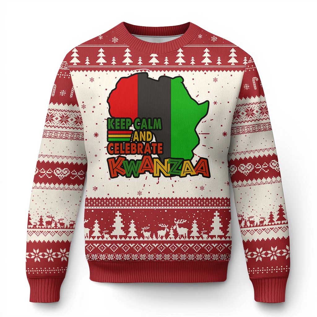 Kwanzaa ugly sweater with festive pattern and 'Keep calm and celebrate Kwanzaa' graphic.