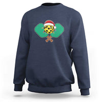Navy Christmas pickleball graphic sweatshirt with Santa hat pickle front print.
