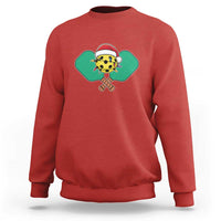 Red Christmas pickleball graphic sweatshirt with Santa hat pickle front print.