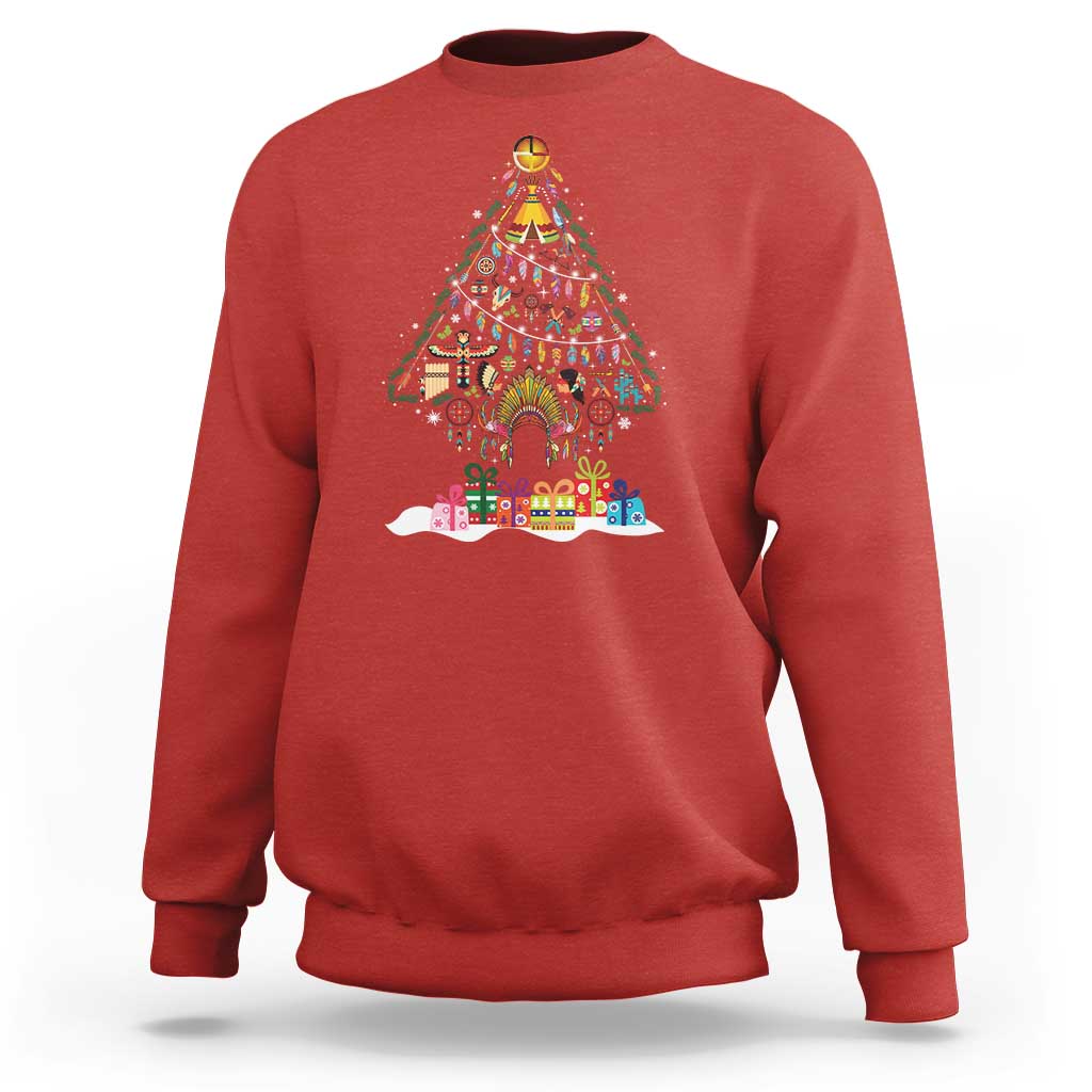 Red crewneck sweatshirt with colorful Christmas tree and medicine wheel graphic.