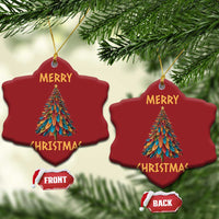 Pair of red flared Christmas ornaments with colorful tree graphic and "Merry Christmas" text