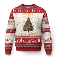 Red and white festive sweater with colorful Christmas tree graphic and “Merry Christmas” text