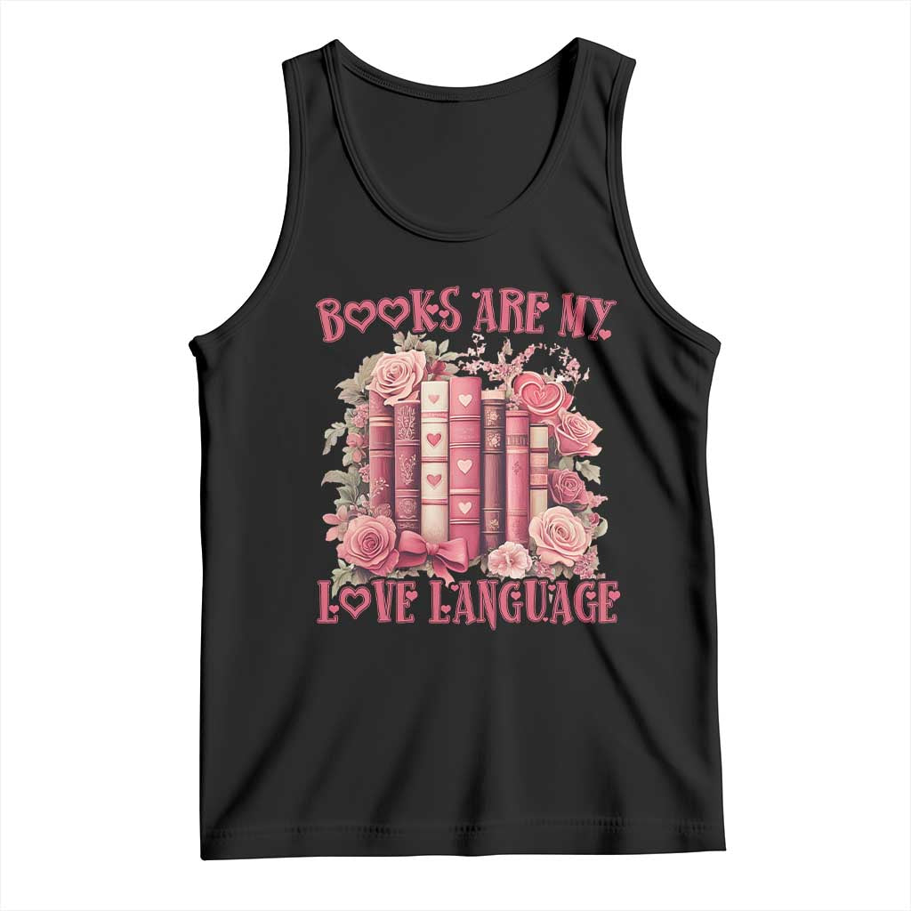 Black sleeveless tank top with pink book-and-heart graphic and rose accents