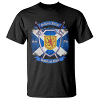 Black men's graphic T-shirt with front crest and crossed swords print