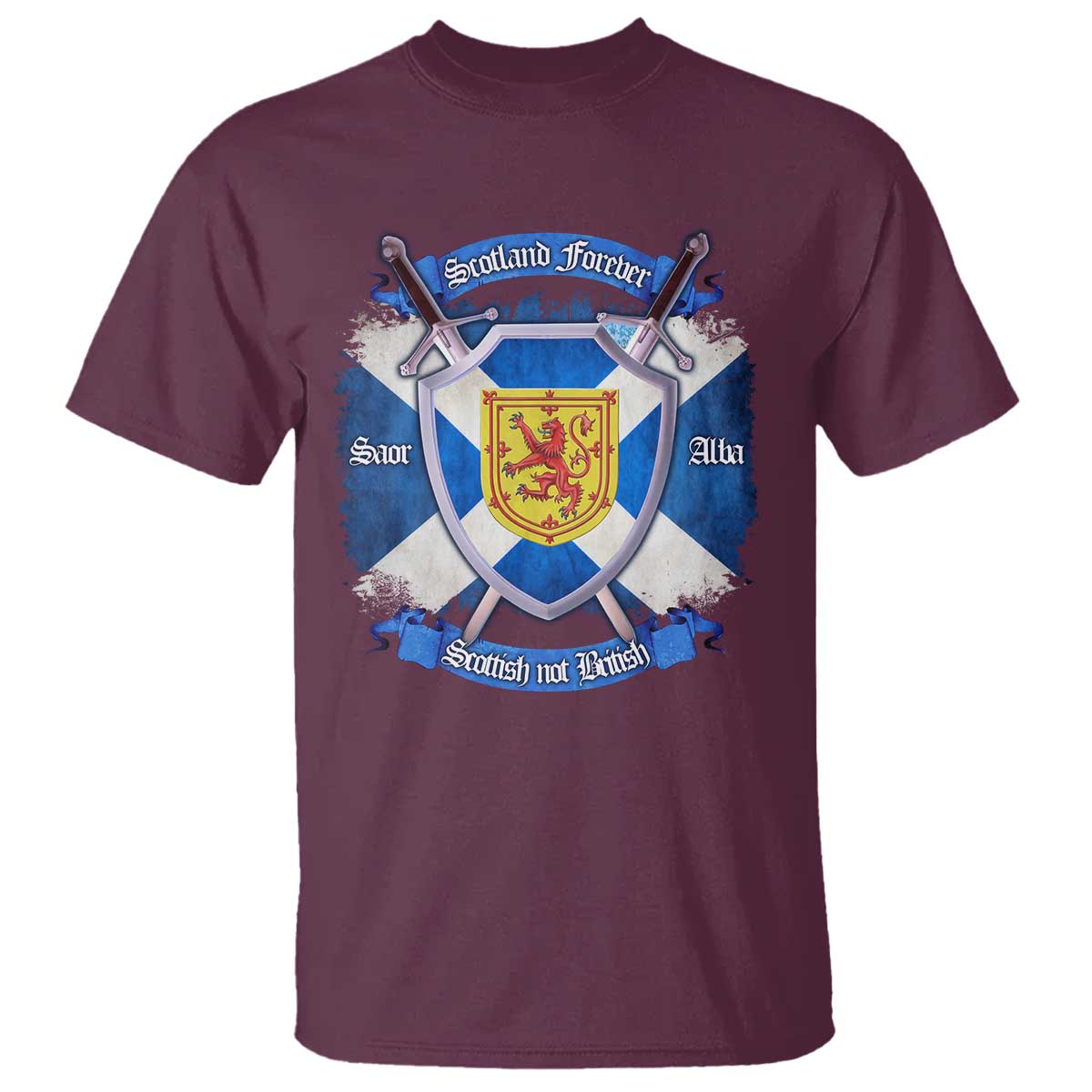 Maroon men's graphic T-shirt with front crest and crossed swords print