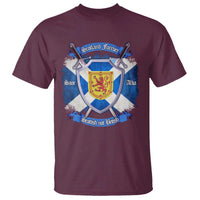Maroon men's graphic T-shirt with front crest and crossed swords print