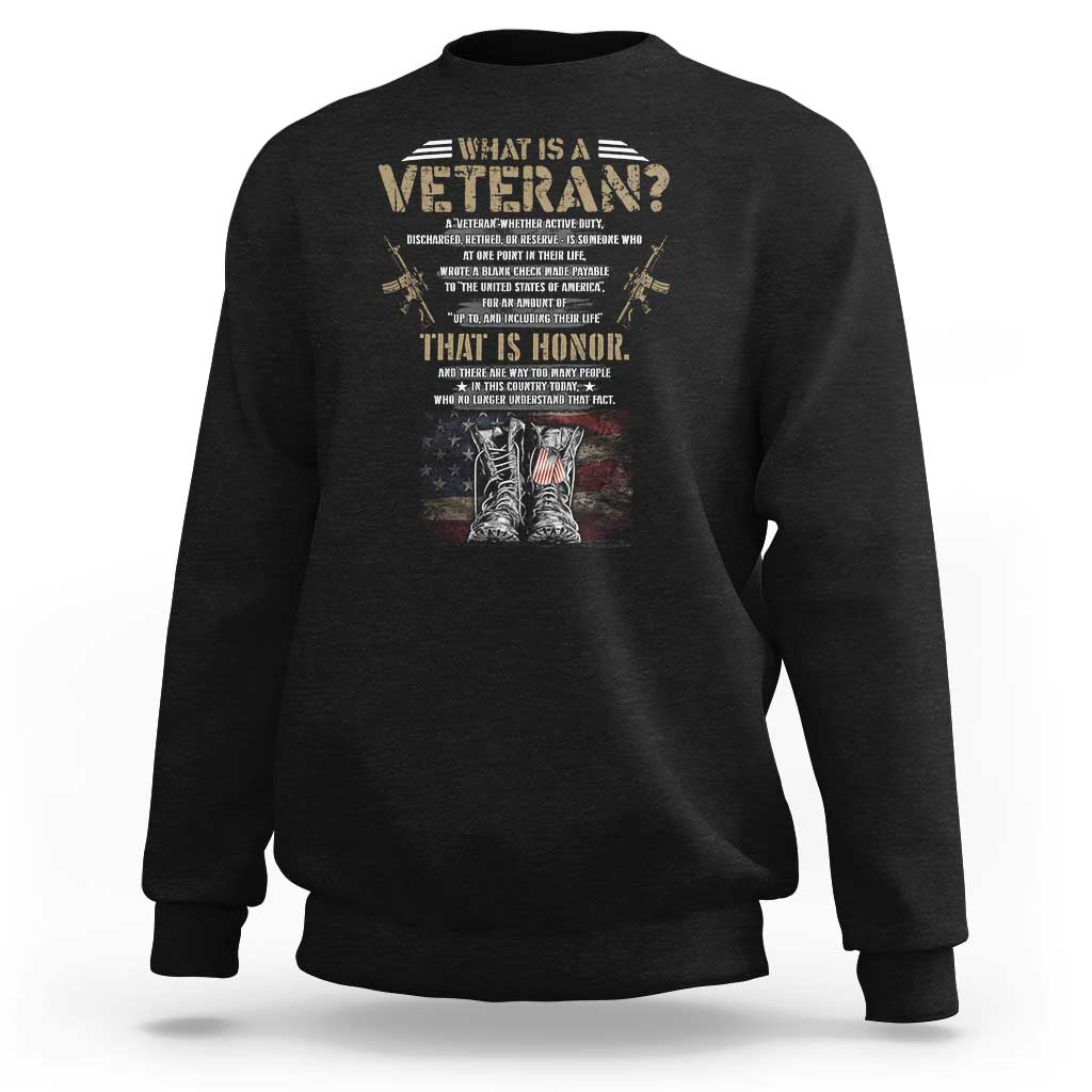 Black veteran's day sweatshirt with graphic text and American flag boots on chest