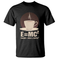 Black graphic science T-shirt with coffee cup and "E=MC2" formula text