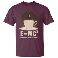 Maroon graphic science T-shirt with coffee cup and "E=MC2" formula text