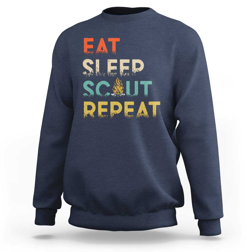 Navy crewneck sweatshirt with “EAT SLEEP SCOUT REPEAT” graphic