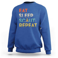 Royal blue crewneck sweatshirt with “EAT SLEEP SCOUT REPEAT” graphic