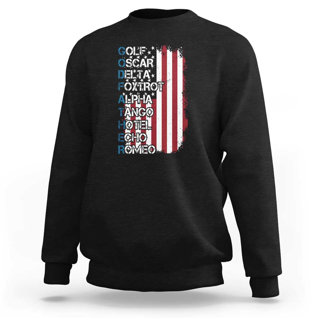 Black crewneck sweatshirt with phonetic alphabet text and striped shield graphic