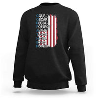 Black crewneck sweatshirt with phonetic alphabet text and striped shield graphic