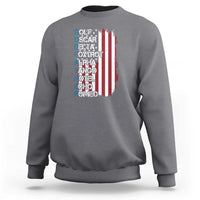 Dark heather gray crewneck sweatshirt with phonetic alphabet text and striped shield graphic
