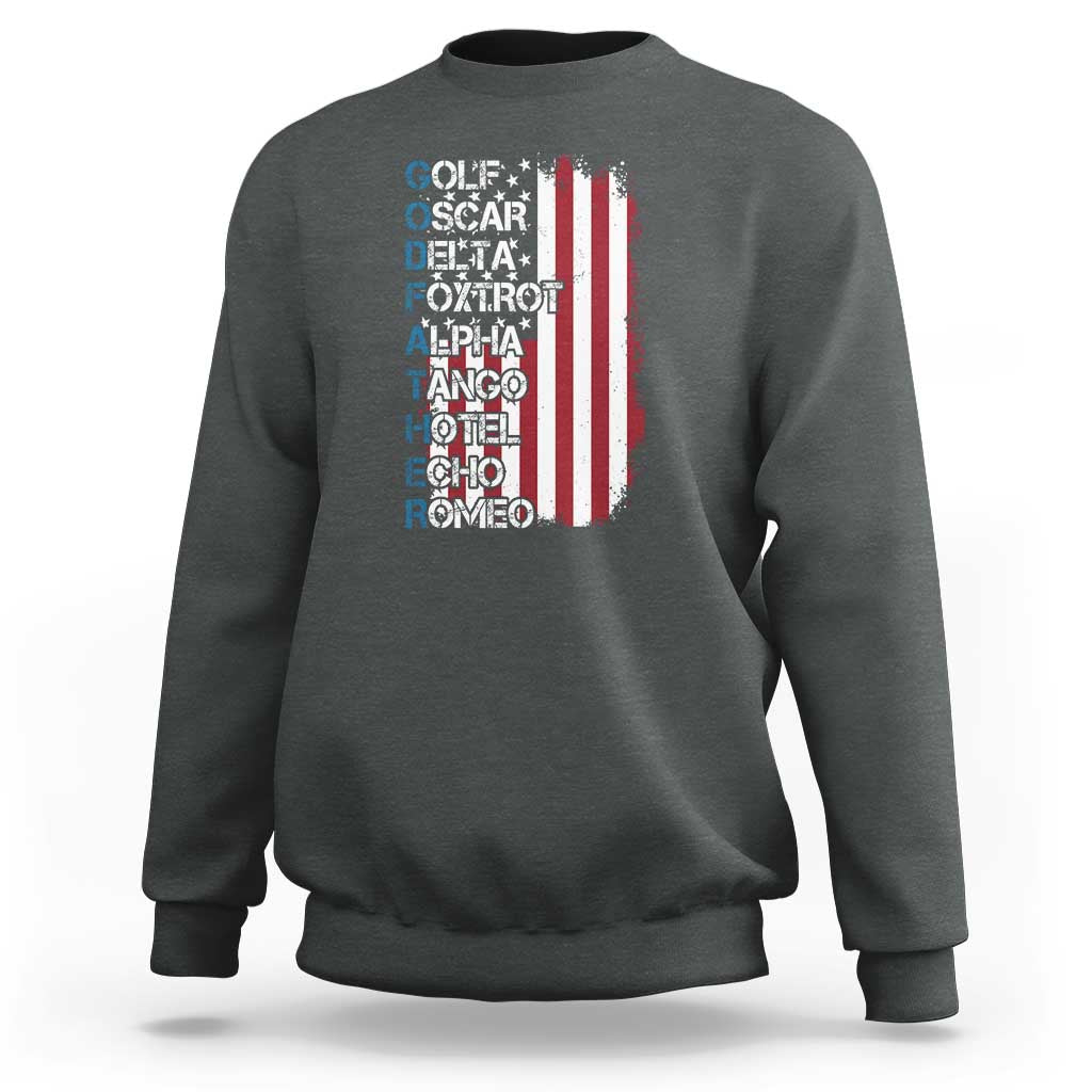Charcoal crewneck sweatshirt with phonetic alphabet text and striped shield graphic