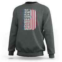 Charcoal crewneck sweatshirt with phonetic alphabet text and striped shield graphic