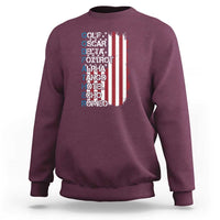 Maroon crewneck sweatshirt with phonetic alphabet text and striped shield graphic