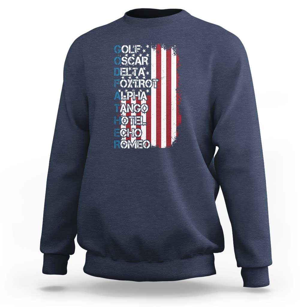 Navy crewneck sweatshirt with phonetic alphabet text and striped shield graphic