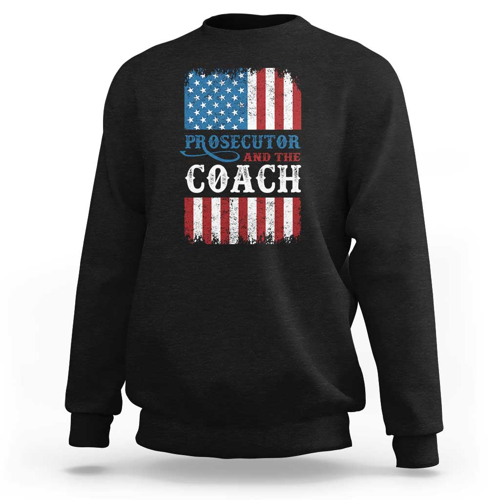Black sweatshirt with American flag graphic and Prosecutor and Coach text