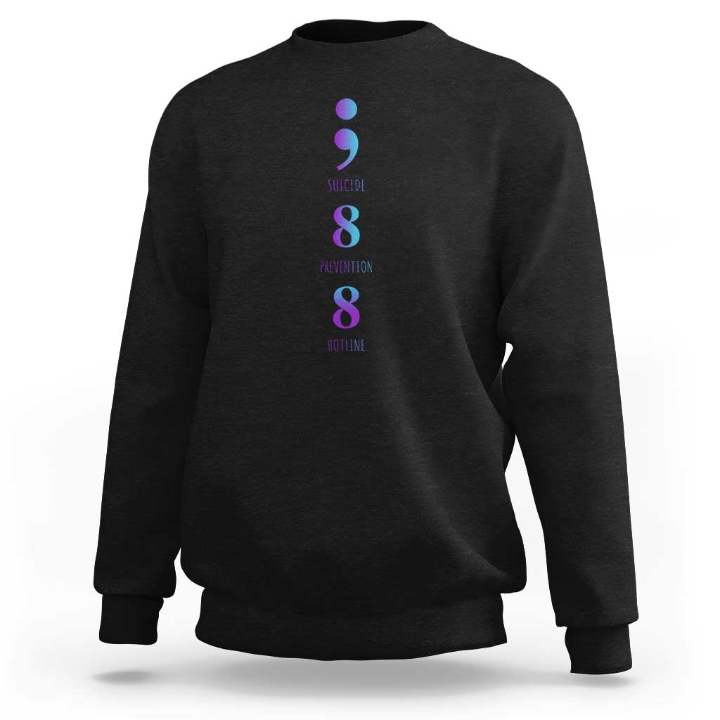 Black crewneck sweatshirt with purple 988 semicolon awareness graphic on back