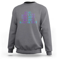 Heather gray crewneck sweatshirt with front graphic: Stay, 988, call or text