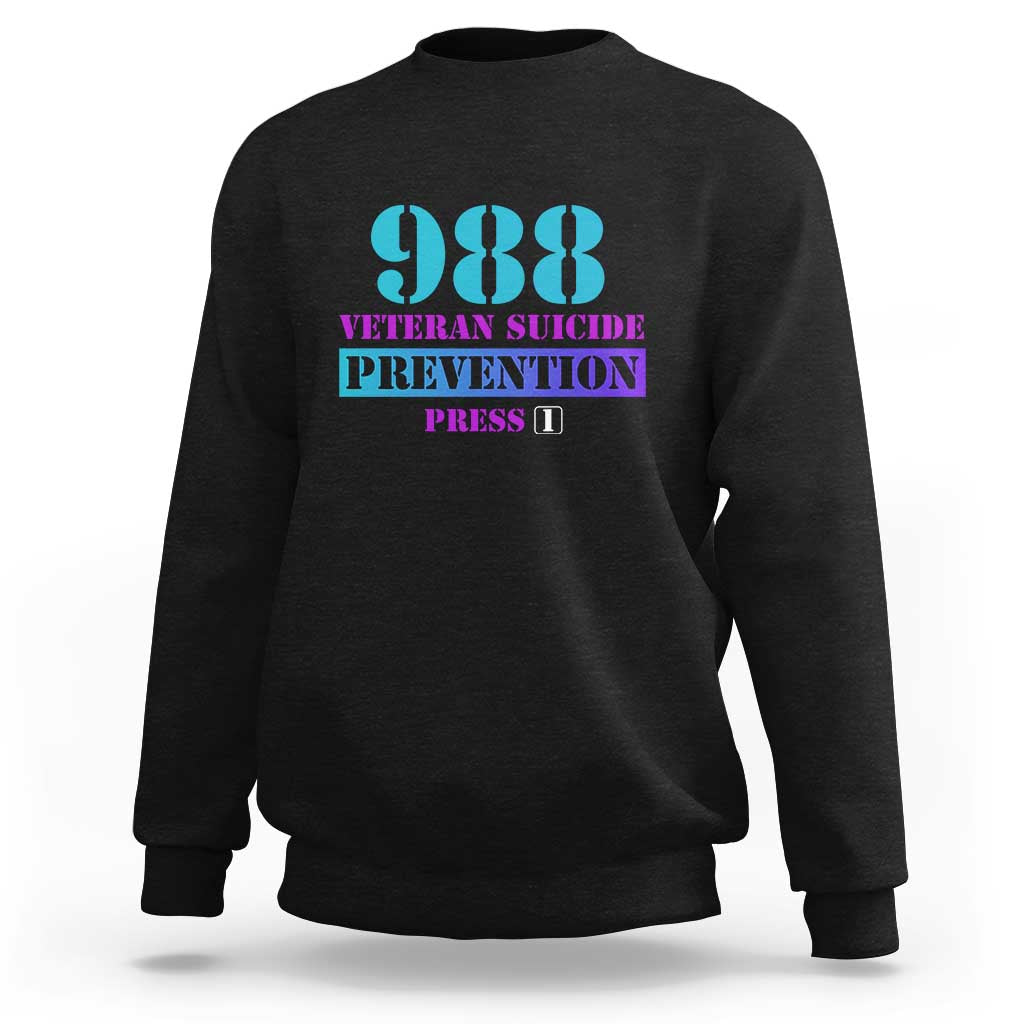 Black sweatshirt with 988 and Veteran Suicide Prevention graphic print