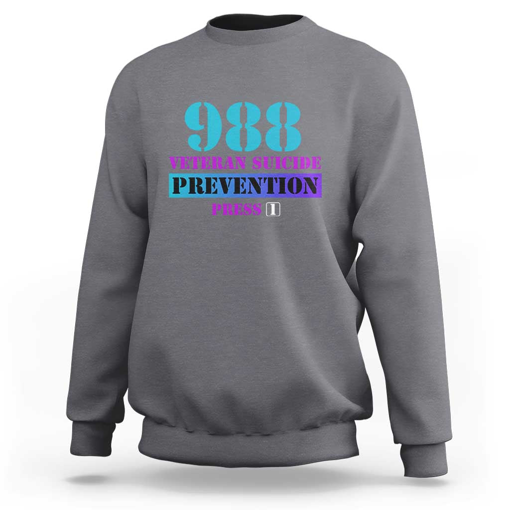 Charcoal gray heather sweatshirt with 988 and Veteran Suicide Prevention graphic print