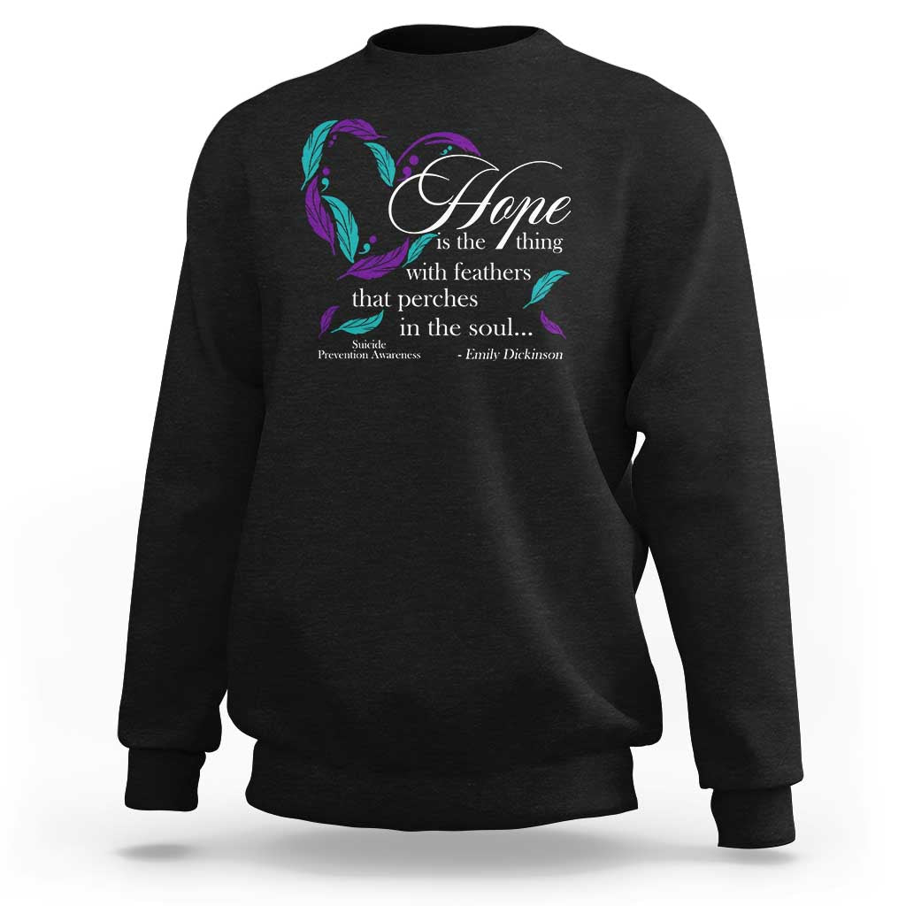 Suicide prevention awareness sweatshirt, black with 'Hope' feather heart graphic