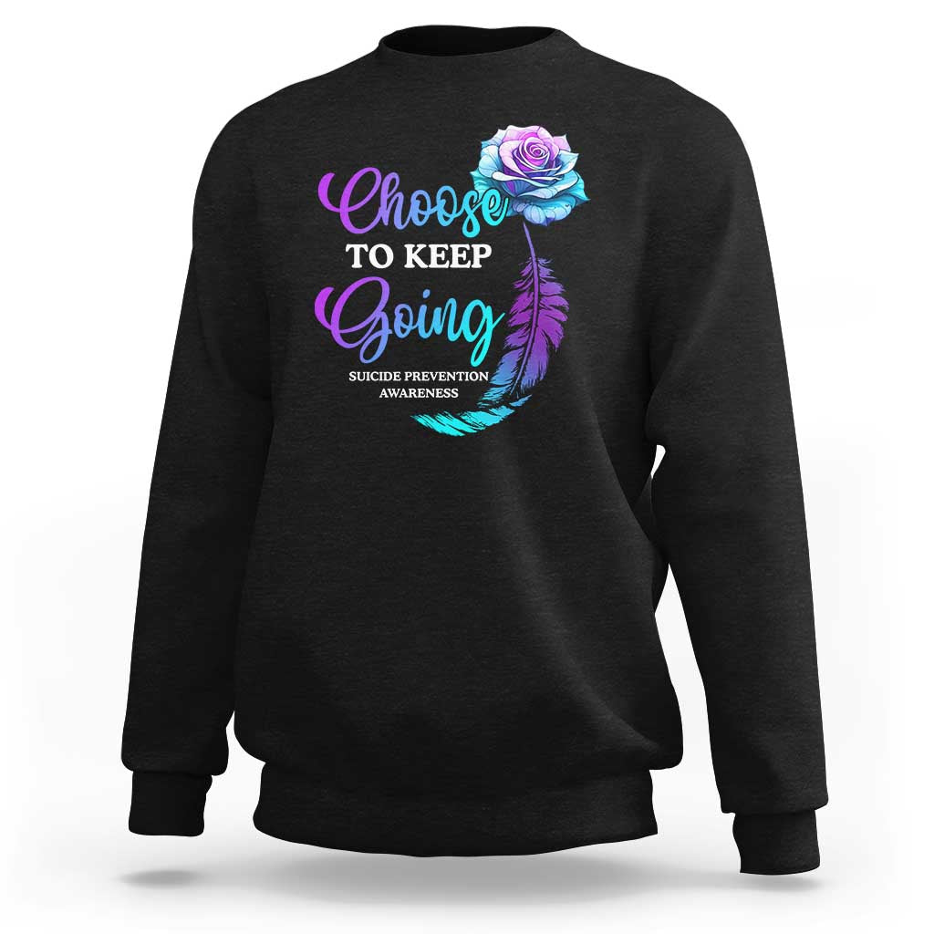 Black crewneck sweatshirt with front rose-feather awareness graphic.