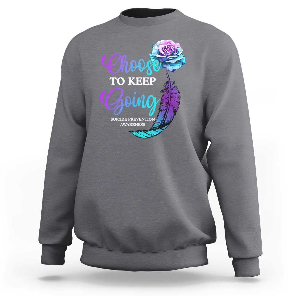Charcoal gray crewneck sweatshirt with front rose-feather awareness graphic.
