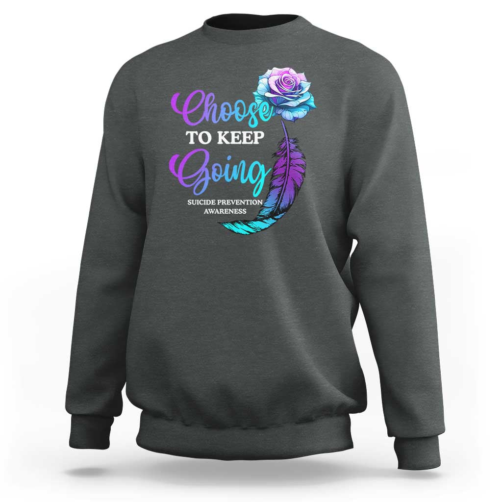 Dark gray crewneck sweatshirt with front rose-feather awareness graphic.