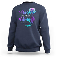 Navy crewneck sweatshirt with front rose-feather awareness graphic.