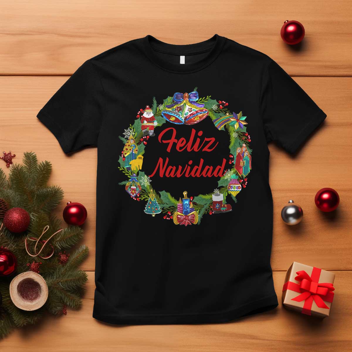 Christmas In Mexico T Shirt Feliz Navidad Xmas Wreath