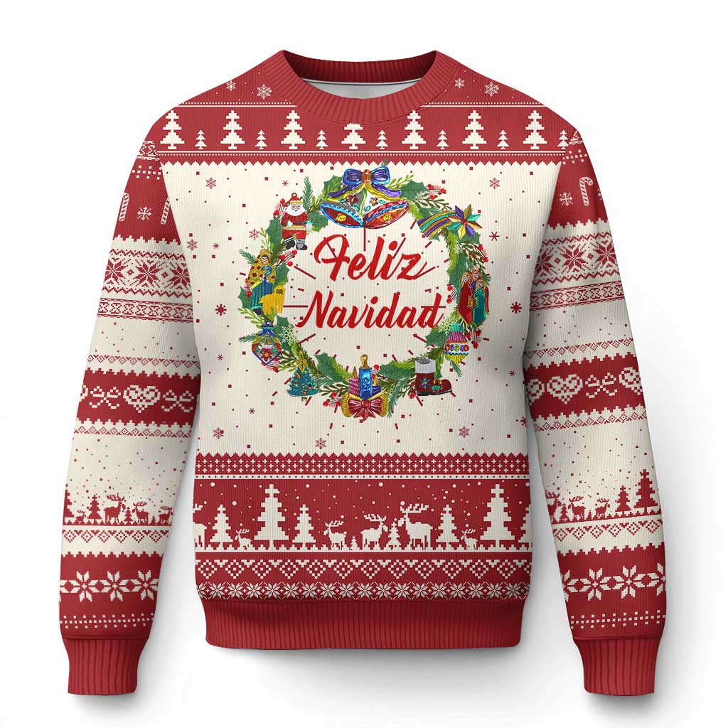 Red and cream ugly Christmas sweater with Feliz Navidad wreath graphic