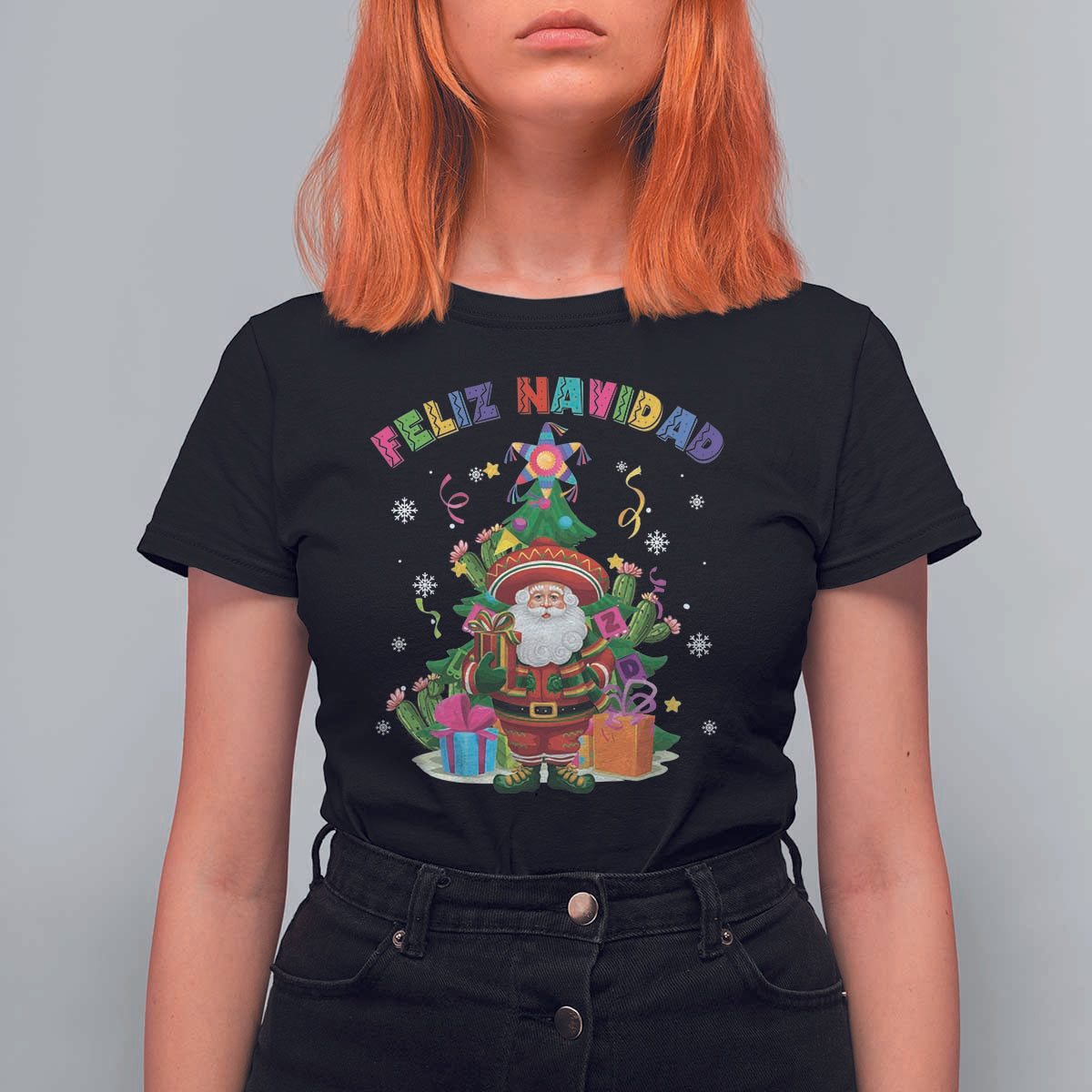 Funny Christmas In Mexico T Shirt For Women Feliz Navidad Sombrero Santa Xmas Tree