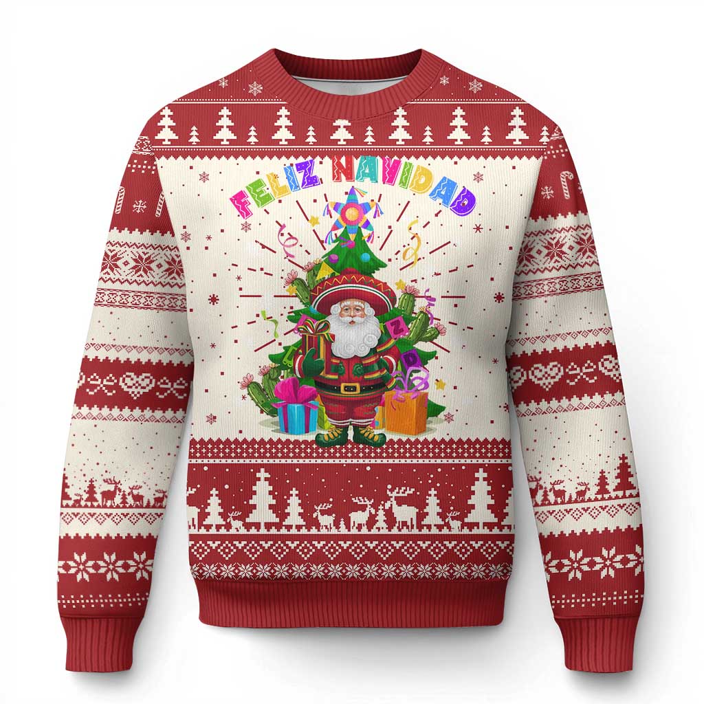 Red and cream Christmas sweater with cartoon Santa, trees, and festive fair isle bands