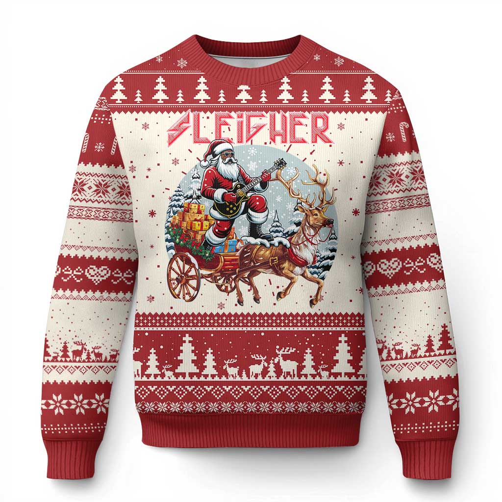 Christmas sweater in red and off-white with Santa sleigh and reindeer graphic, crewneck.