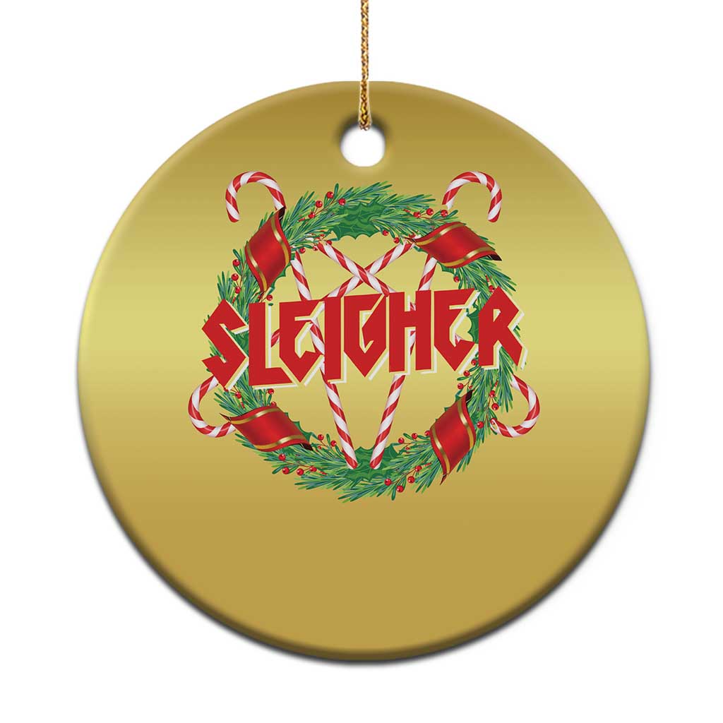 Gold round Christmas ornament with candy-cane wreath and red 'Sleigher' text