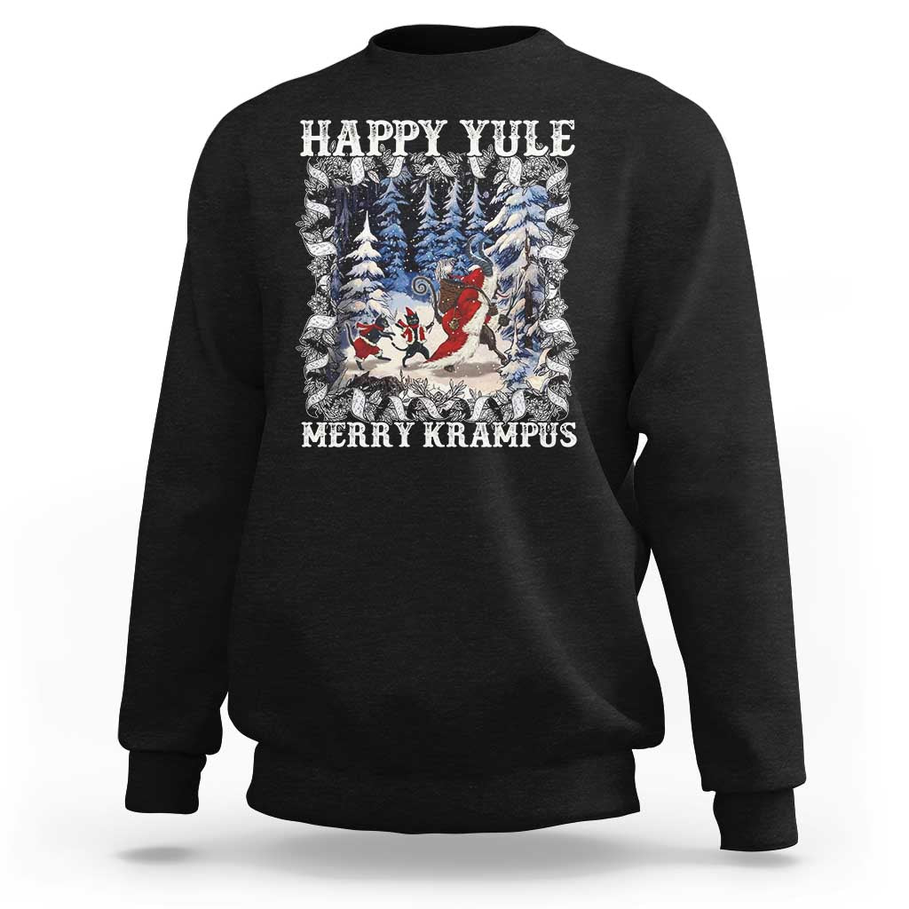 Black crewneck sweatshirt with 'Happy Yule, Merry Krampus' holiday graphic on back